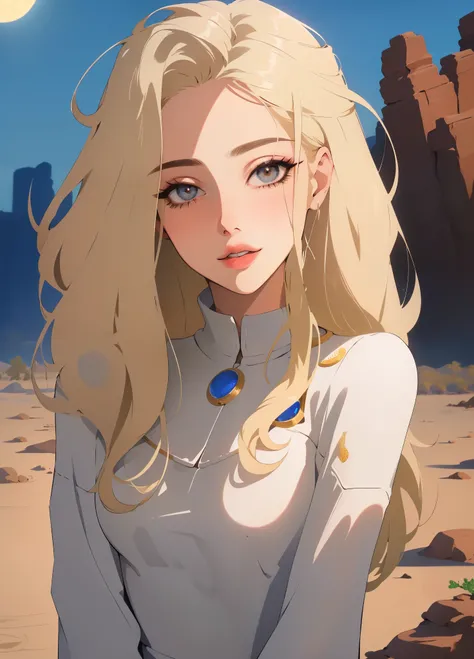 A woman who is, Alone, The upper part of the body, (Random:1.3), layered hair, Platinum blonde hair, hazel eyes, lush lips, , Nice dress, Desert landscape with cacti under moonlight, (tmasterpiece, Best quality at best, detailed:1.3), The beautiful