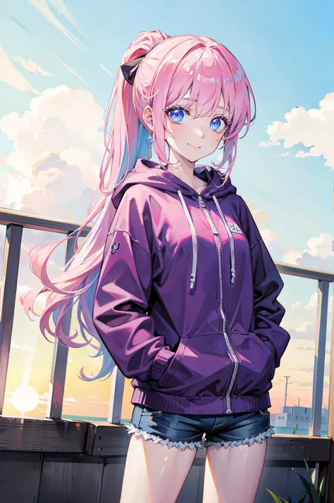 (((masterpiece))), 4k res, highly detailed, (((extremely detailed eyes))), hands on pockets, detailed background, crystal clear eyes, high quality, 1girl, solo, anime girl, best quality, highres, ultra-detailed, beautiful, 8k, sunray, ponytail, pink hair, ...