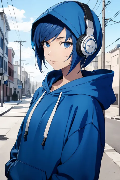 A short hair girl wearing a blue hooded sweatshirt with a headphone, anime