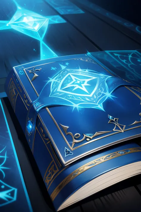 magic grimore, book of the night, beautiful blue jewel, runes inscribed on the spine, silver and blue, magic, fantasy, magic book