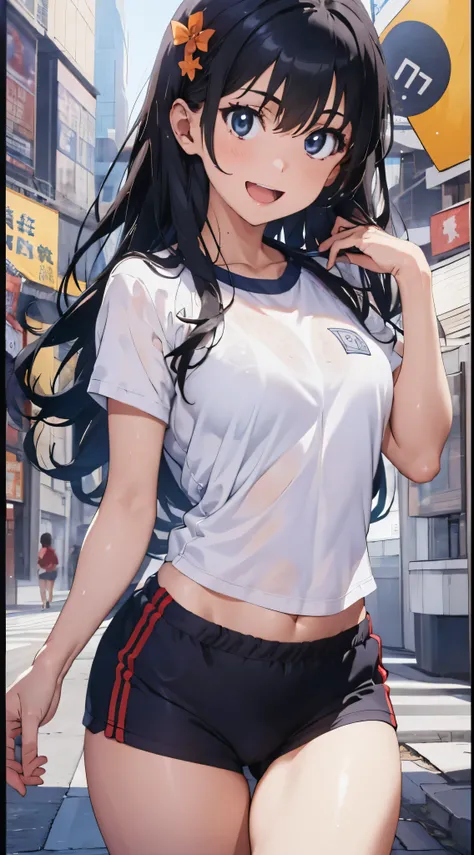 1womanl,Black hair,14 year old beautiful breasts,(((Sexy white and blue shiny gym clothes and short cheeks、Smile with open mouth)),(((Satin Narico))),((( portlate))),Crowds,Shiny white gym uniform and blue shorts,Wet with sweat,((athletic field)),((see -th...