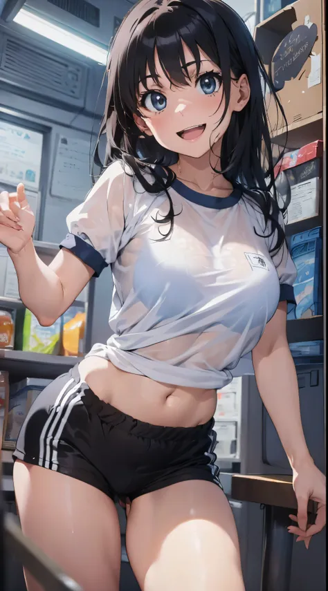 1womanl,Black hair,14 year old beautiful breasts,(((Sexy white and blue shiny gym clothes and short cheeks、Smile with open mouth)),(((Satin Narico))),((( portlate))),Crowds,Shiny white gym uniform and blue shorts,Wet with sweat,((athletic field)),((see -th...