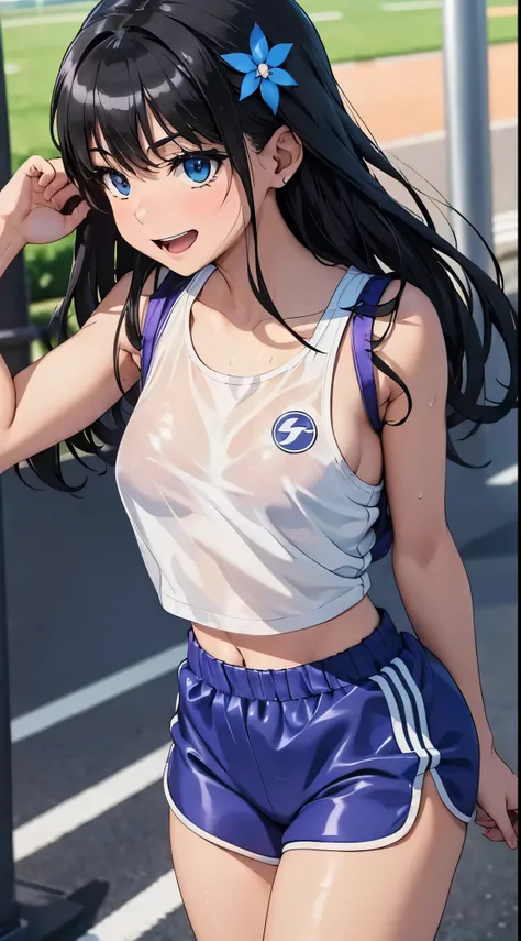 1womanl,Black hair,14 year old beautiful breasts,(((Sexy white and blue shiny gym clothes and short cheeks、Smile with open mouth)),(((Satin Narico))),((( portlate))),Crowds,Shiny white gym uniform and blue shorts,Wet with sweat,((athletic field)),((see -th...