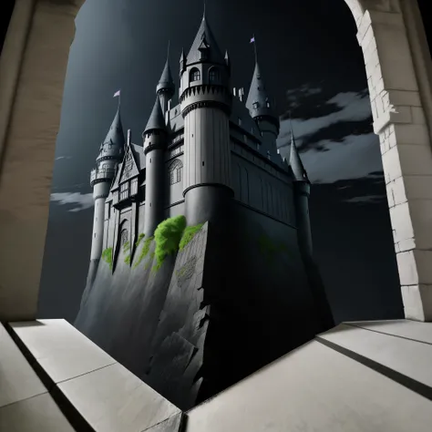 Anime style black castle, with black walls, metal door