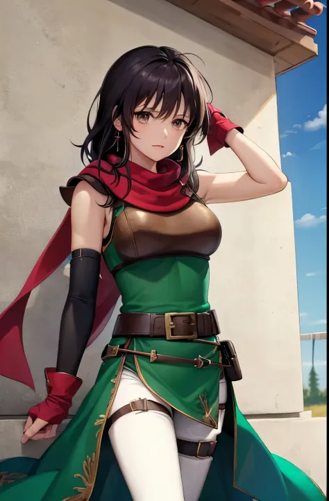 cowboy shot, def_mareeta,armor,white pants ,brown shoulder armor, red fingerless gloves, belt, earrings, jewelry, scarf, breastplate, looking at viewer, green dress, black elbow gloves, pauldrons, thigh strap, sleeveless, red scarf, ,outdoors,(masterpiece,...