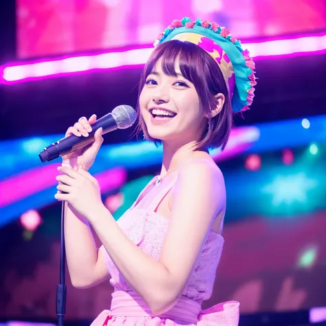 A beautiful Japanese woman is singing passionately on the live stage.、wide open blue eyes、Pink short bob hair with a hairband、Idol costumes、a smile、The stage is brightly lit。