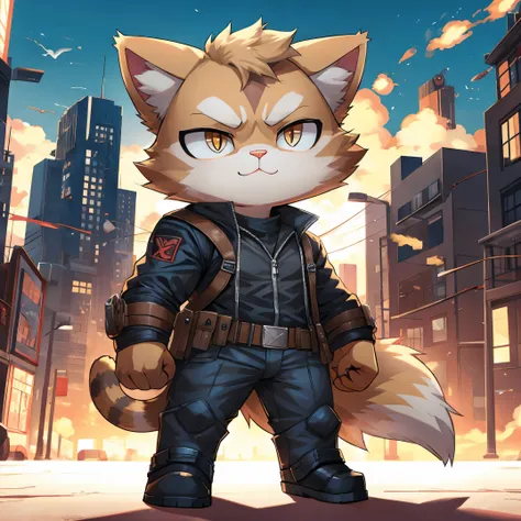 Cat dressed as a marvel superhero, chibi, standing, background city in chaos, stunning style