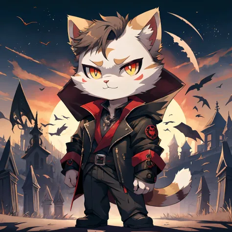 Cat dressed as a vampire, chibi, standing, background graveyard, stunning style