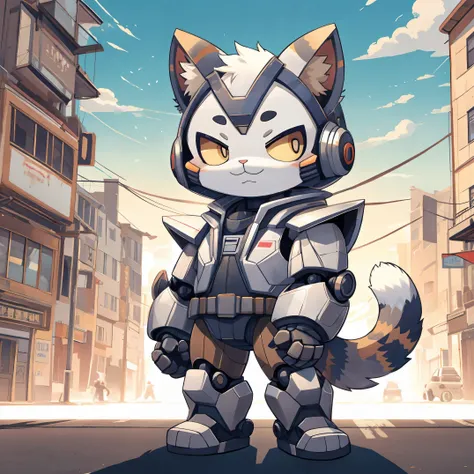 Cat dressed as a mecha robot, chibi, standing, background cityscape, stunning style