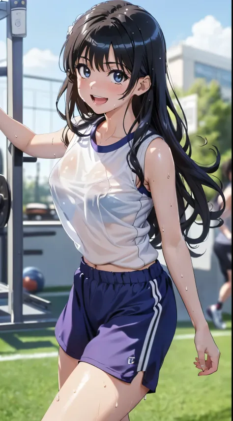1womanl,Black hair,14 year old beautiful breasts,(((Sexy white and blue shiny gym clothes and short cheeks、Smile with open mouth)),(((Satin Narico))),((( portlate))),Crowds,Shiny white gym uniform and blue shorts,Wet with sweat,((athletic field)),((see -th...