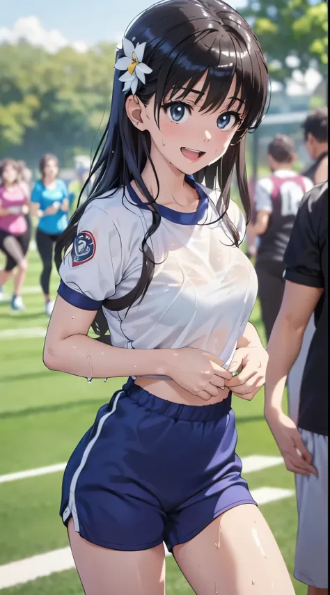 1womanl,Black hair,14 year old beautiful breasts,(((Sexy white and blue shiny short sleeve gym clothes and short cheeks、Smile with open mouth)),(((Satin Narico))),((( portlate))),Crowds,Shiny white short-sleeved gym uniform and blue shorts,Wet with sweat,(...