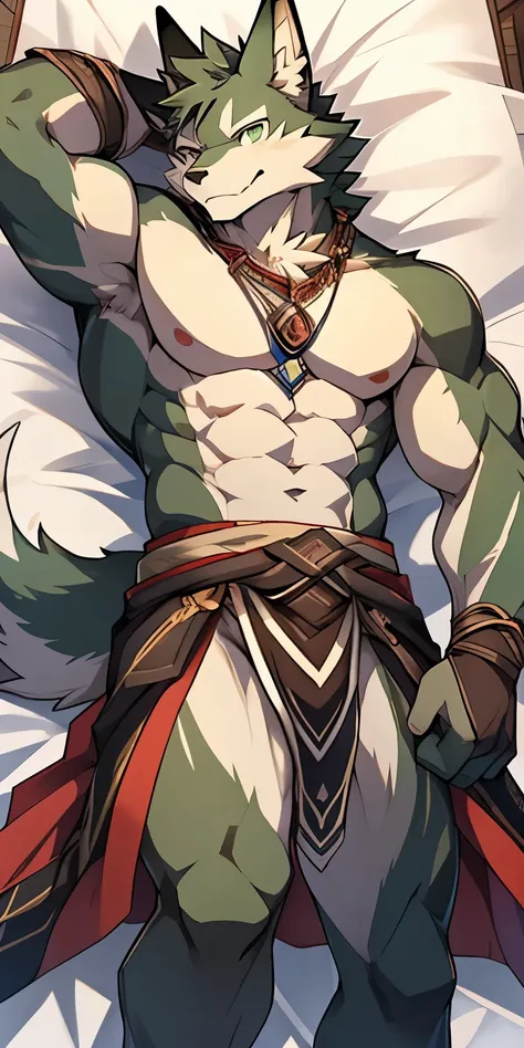 Seto (Tokyo After-School Summoners), Seto(Wandering Longing), Seth (it), Seto, Kazuma Koda, coyote, Green Eye, Grey Body, white body, Brown Body, stripes, stripes 몸체, wear a loincloth, youthful, High Quality, 8K, High image quality, NSFW, pixiv, shadowy, A...