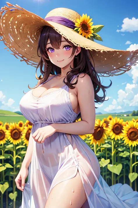 (High quality, High resolution, Fine details), Realistic, sunflower field, BREAK (Long purple dress), BREAK White wide-brimmed hat, Strong sunshine, solo, curvy women, sparkling eyes, (Detailed eyes:1.2), smile, blush, Sweat, Oily skin, shallow depth of fi...