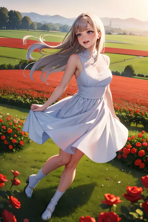 a woman in a white dress in a field of red flowers, she is in pure bliss, combat boots, she expressing joy, tv commercial, clean borders ; photorealistic, floating in perfume, gettyimages, psytrance, showing victory, french girl, ecstatic, rosses, flying