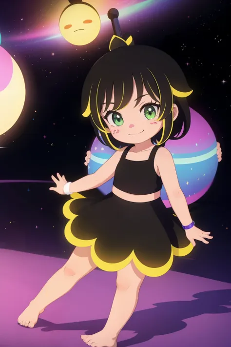 1girl, solo, full body, Hanazuki, black hair, yellow highlights, pink nose and freckles, bracelet, black sleeveless two-piece skirt set, skirt, barefoot, yellow trimmings, glowing, joyfully, cute smile, happy, arms behind back, neon lights, space, galaxy