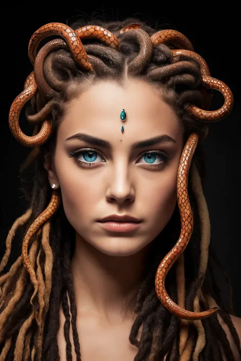 Absurd, ultra-detailed, high quality, detailed face, beautiful eyes, Medusa, the Gorgon, the Gorgon with serpent hair, possesses a complex mix of beauty and terror, mesmerizing gaze,