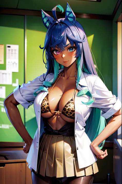 masterpiece, best quality, extremely detailed, 1girl, gyaru, solo, (dark brown skin:2), twin turbo (umamusume), (huge breasts:1.1), ((((blue hair, long hair), blue eyes, slit pupils, horse ears))), parted lips, (((white shirt, tied shirt, open clothes, bik...