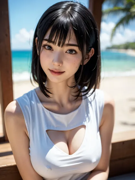 女の子1人、top-quality、realisitic、report、depth of fields、natural soft light、during daytime、魅惑的、beauitful face、Cleanliness、Pure face、de pele branca、cute hawk hair、bangss、the beach、rays of sunshine、Nedium Breast Body Esbian、((Attractive see-through costume、Golden...