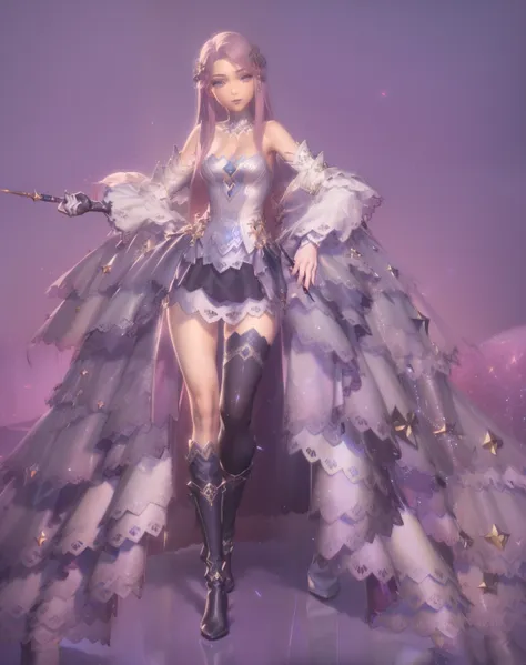 oda&#39;sa woman wearing skirt and boots holding magic wand, fantasyoutfit, complex clothing, very detailed and rich clothing, Lineage 2 style, clothing design, Complex and gorgeous anime CGI style, Wear your dreamy formal attire, Fantasy style clothing, A...