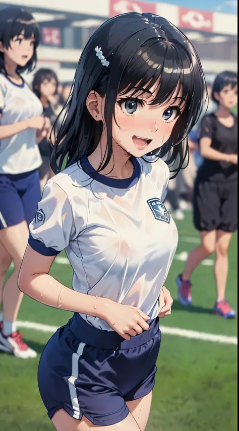 1womanl,Black hair,14 year old beautiful breasts,(((Sexy white and blue shiny short sleeve gym clothes and short cheeks、Smile with open mouth)),(((Satin Narico))),((( portlate))),Crowds,Shiny white short-sleeved gym uniform and blue shorts,Wet with sweat,(...