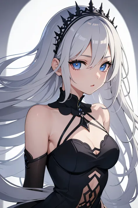 1girl, anime, cute girl, blank background, white background, fantasy, detailed dark fantasy dress with highlights, beautiful face, beautiful eyes, dark colors, silver hair, slightly small breasts, slight cleavage, beautiful skin, cute, breast curtains, ext...