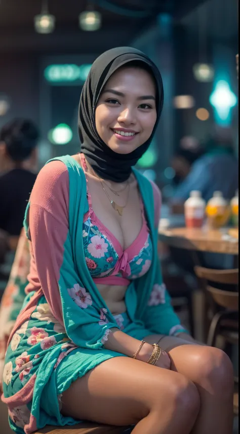 Malay girl with hijab seating in hipster cafe, happy, smiling, nighttime, wearing bra and panties turquoise Floral Ruched Bust Slip Romper, pink sneakers, soft professional lighting, blur background, cool ambient, bokeh, medium breast, small waist, nice bo...