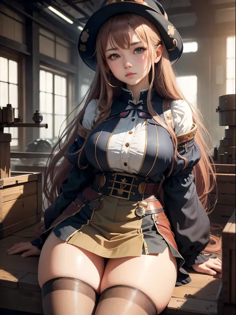 August Malmstrom, Yoshitaka Amano, Surreal, mysterious, strange, fantastical, fantasy, Sci-fi, Japanese anime, miniskirt beautiful girl in a toy factory, perfect voluminous body, detailed masterpiece