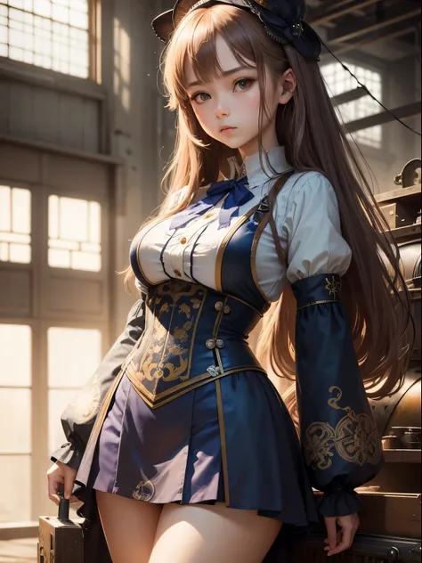 August Malmstrom, Yoshitaka Amano, Surreal, mysterious, strange, fantastical, fantasy, Sci-fi, Japanese anime, miniskirt beautiful girl in a toy factory, perfect voluminous body, detailed masterpiece