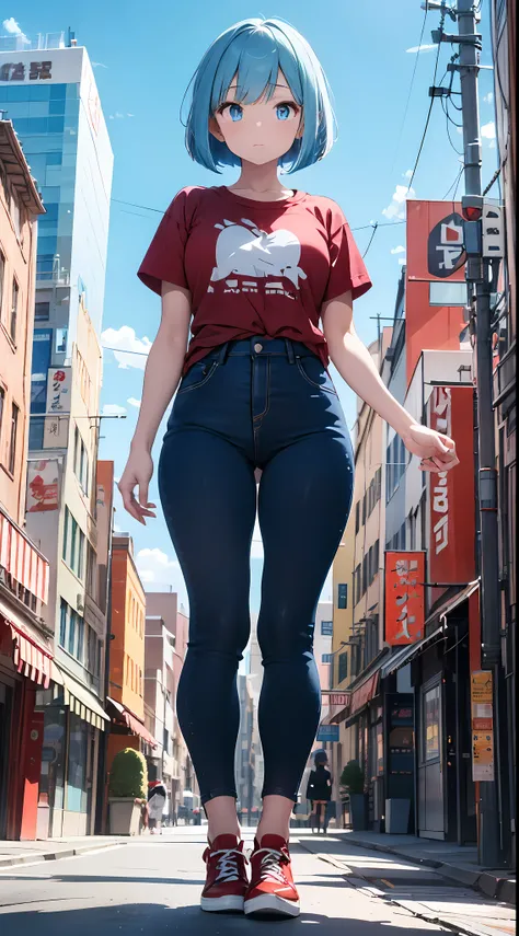 solo, 1girl, pale skin, light blue eyes, light blue hair, bob cut, red t-shirt, blue pants, red shoes, anime, full body view, wide shot, city background, high quality, high details, 1080P, masterpiece