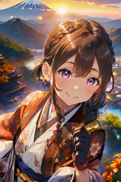 (Brown hair),(Braided shorthair:1.4),(Brown eyes:1.3),(With bangs),Slight red tide,(gloves:1.5),(Kimono with cute design:1.4),(Top of the mountains:1.4),(🗻),(first sunrise from the mountain:1.5),(Diamond Fuji:1.4),(place々Japanese clothes with lace:1.3),(Br...