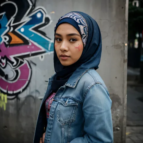 Close-up of a young Malay beautiful woman in hijab, wearing a blue denim jacket, holding an umbrella, Graffiti and  street art as background, colorful patterns, expressive eyes, contrast and sharpness, Canon EOS 5D Mark IV, ISO1600, f/4, 6k .