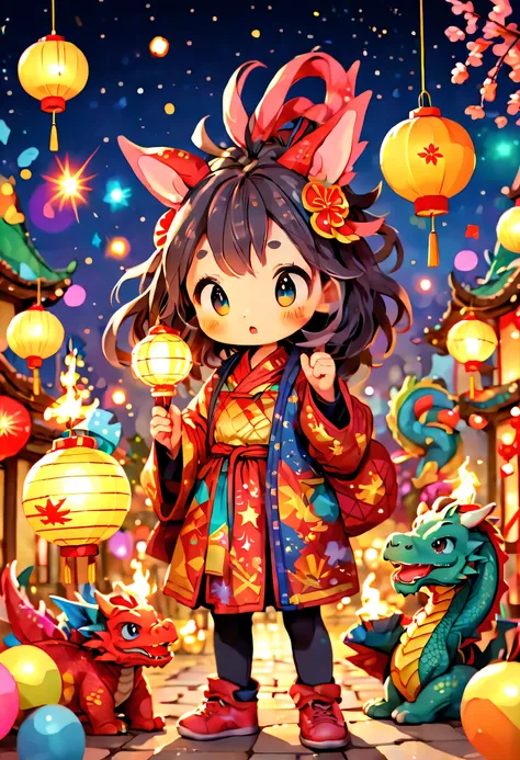 Cute graffiti, (((Vector illustration style)))，vibrant with colors, Magical atmosphere, Whimsical, Sparkling, (Fantasy 2024 Year of the Dragon), 美丽的小镇庆祝new year&#39;new year&#39;countdown，2024 年new year，(Colorful lanterns and decorations)，(children playing...