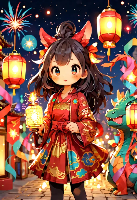 Cute graffiti, (((Vector illustration style)))，vibrant with colors, Magical atmosphere, Whimsical, Sparkling, (Fantasy 2024 Year of the Dragon), 美丽的小镇庆祝new year&#39;new year&#39;countdown，2024 年new year，(Colorful lanterns and decorations)，(children playing...