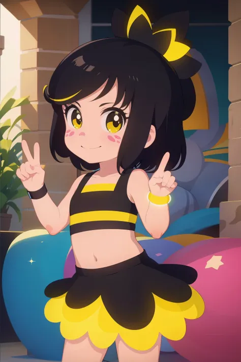 (masterpiece), best quality, 1girl, solo, hanazuki, black hair, yellow highlights, pink nose and freckles, bracelet, black sleev...