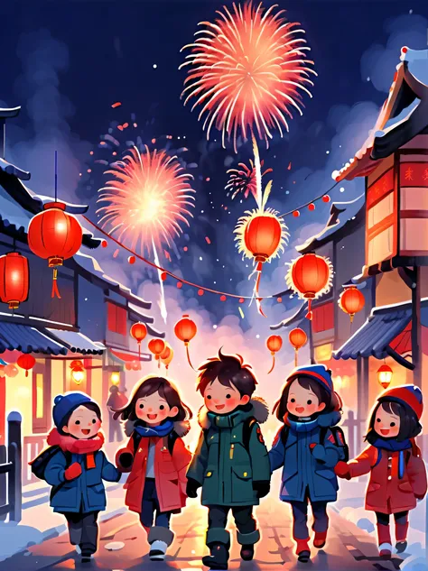 (Tim Burton style),(Illustrations capture the essence of New Year's Day 2024),(Modern town,European rural architecture:1.2), ((Lanterns and festoons)),Its snowing,In the joyful atmosphere of the New Year,(5 children wearing down jackets set off firecra...