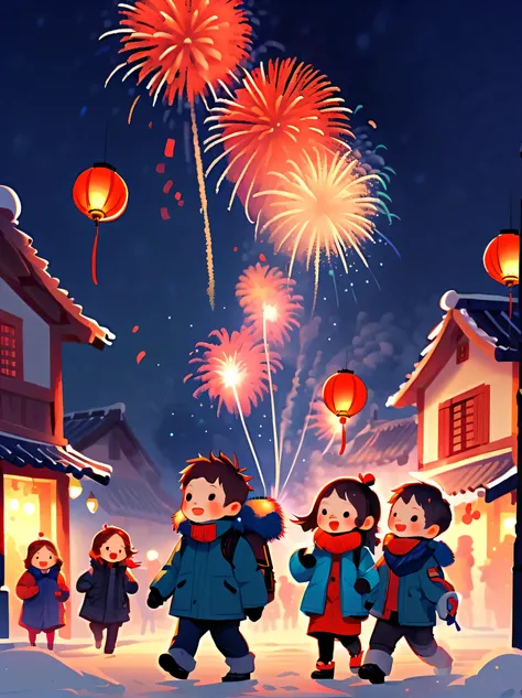 (Tim Burton style),(Illustrations capture the essence of New Year's Day 2024),(Modern town,European rural architecture:1.2), ((Lanterns and festoons)),Its snowing,In the joyful atmosphere of the New Year,(5 children wearing down jackets set off firecra...
