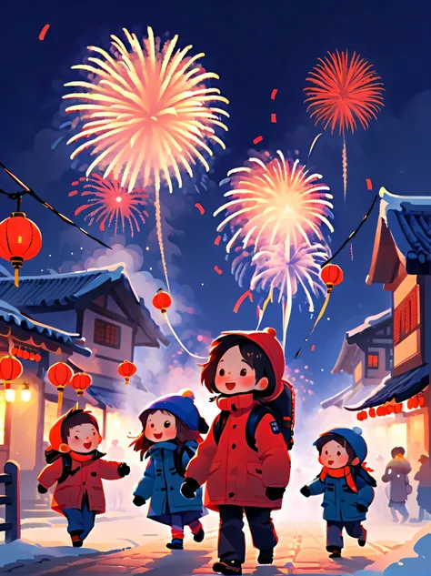 (Tim Burton style),(Illustrations capture the essence of New Year's Day 2024),(Modern town,European rural architecture:1.2), ((Lanterns and festoons)),Its snowing,In the joyful atmosphere of the New Year,(5 children wearing down jackets set off firecra...