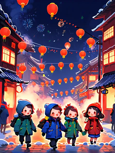 (Tim Burton style),(Illustrations capture the essence of New Year's Day 2024),(Modern town,European rural architecture:1.2), ((Lanterns and festoons)),Its snowing,In the joyful atmosphere of the New Year,(5 children wearing down jackets set off firecra...