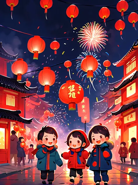(Tim Burton style),(Illustrations capture the essence of Chinese New Year),(Modern town:1.2), ((Lanterns and festoons)),Its snowing,In the joyful atmosphere of the New Year,(5 children wearing down jackets set off firecrackers:1.3),(There are many firework...