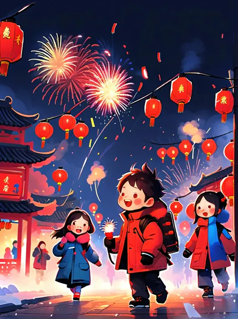 (Tim Burton style),(Illustrations capture the essence of Chinese New Year),(Modern town:1.2), ((Lanterns and festoons)),Its snowing,In the joyful atmosphere of the New Year,(5 children wearing down jackets set off firecrackers:1.3),(There are many firework...