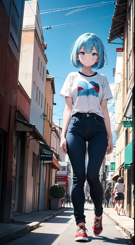 1girl, pale skin, light blue eyes, light blue hair, bob cut, (solid red t-shirt color: 0.5), blue pants, red shoes, full body view, city background, wide shot, negative space, vanishing point, high quality, highres, high details, 1080P