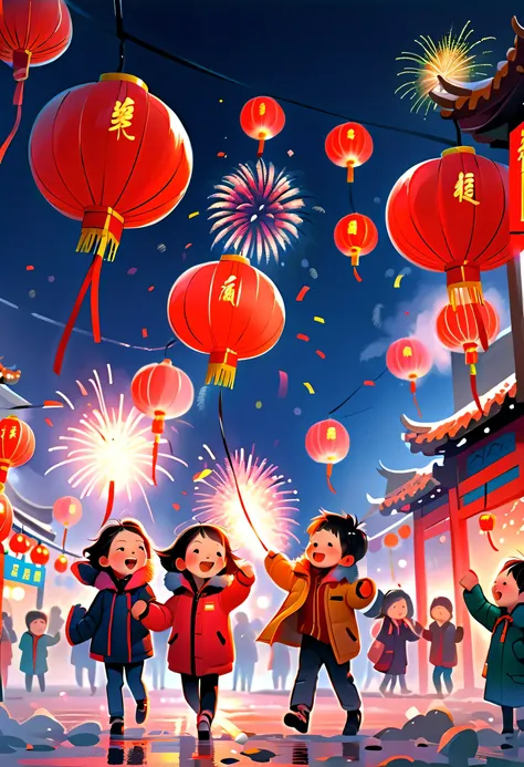(Tim Burton style),(Illustrations capture the essence of Chinese New Year),(Modern town:1.2), ((Lanterns and festoons)),Its snowing,In the joyful atmosphere of the New Year,(5 children wearing down jackets set off firecrackers:1.3),(There are many firework...