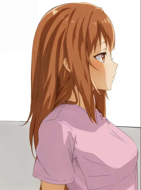 anime girl with long brown hair looking away, profile of anime girl,