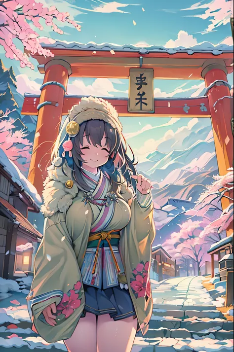 huge-breasted、kawaii、(Sunny Clothes)、torii gate,((Oblique angle))、{{close up to face}}、eye closed、bbw、thick thight、big butts、Ultramammy, Winter days, Anime Background Art, japanese art style, beautiful anime scene,detailed scenery - width 672, Background a...