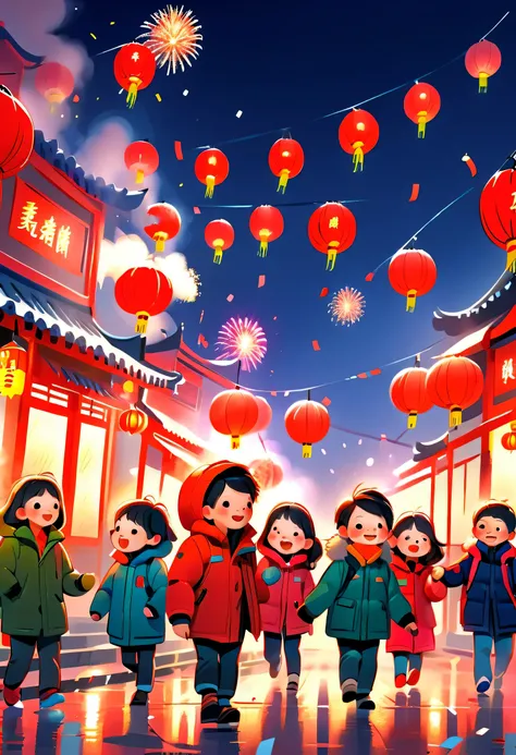 (Tim Burton style),(Illustrations capture the essence of Chinese New Year),(Modern town:1.2), ((Lanterns and festoons)),Its snowing,In the joyful atmosphere of the New Year,(5 children wearing down jackets set off firecrackers:1.3),(There are many firework...