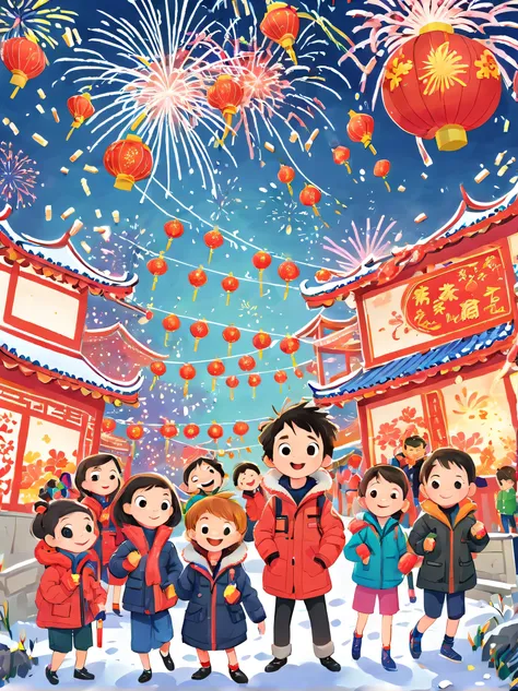 (tim burton style)，(illustrations capture the essence of chinese new year)，(modern town:1.2), ((lanterns and festoons))，it's sno...