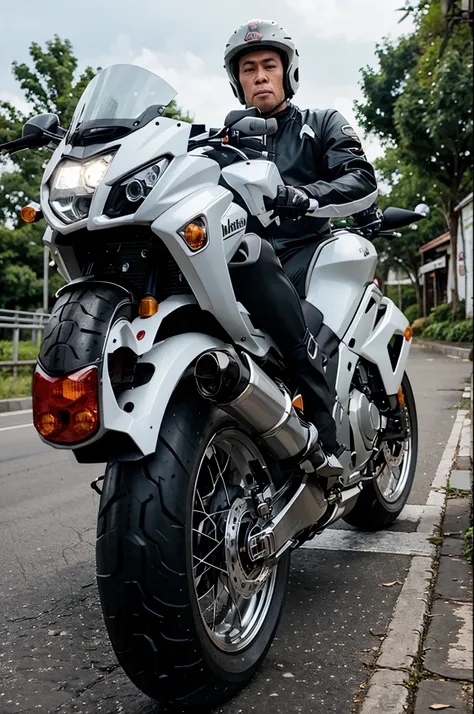 A realistic monkey rides white kawasaki gtr