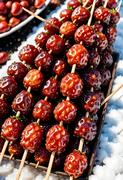 (close-up of many candied haws skewers sold at the temple fair，dates and strawberries with syrup and sesame seedackground and: n...