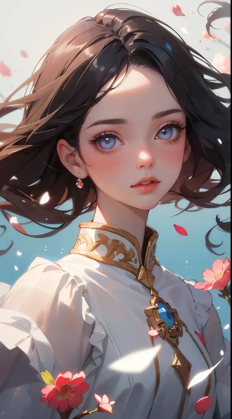 (Best quality at best, tmasterpiece:1.2, Surreal), 1 Beautiful and delicate portrait of a girl, Playful and cute, with floating petals in the background, oil painted, Extremely detailed eyes and face, Long eyelashes