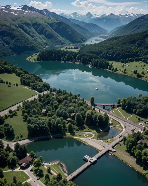 Switzerland areal photo, lake, from above, 8k, drone footage, gorgeous